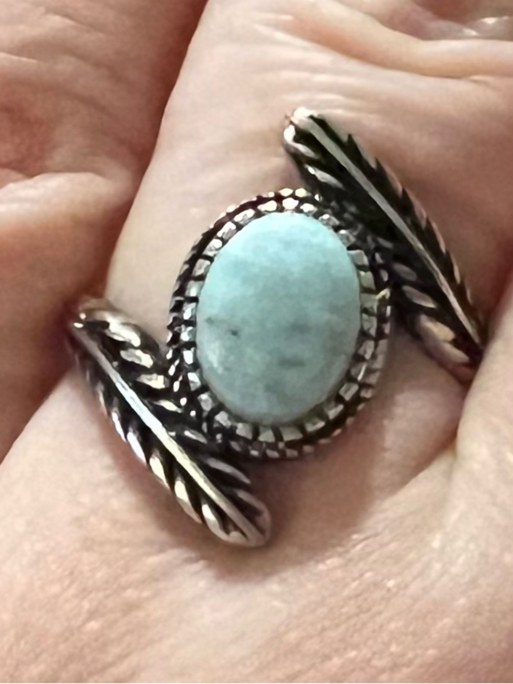 Stainless Steel Larimar Light Blue Gemstone & Feathers Adjustable Ring Boho NWOT